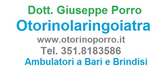 Testo italiano con nome specialista otorino Giuseppe Porro, sito web, telefono e sede Brindisi